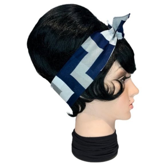 Blue, Silver and White Geometric Zig Zag Bandana Tie Headband - Picture 5 of 13